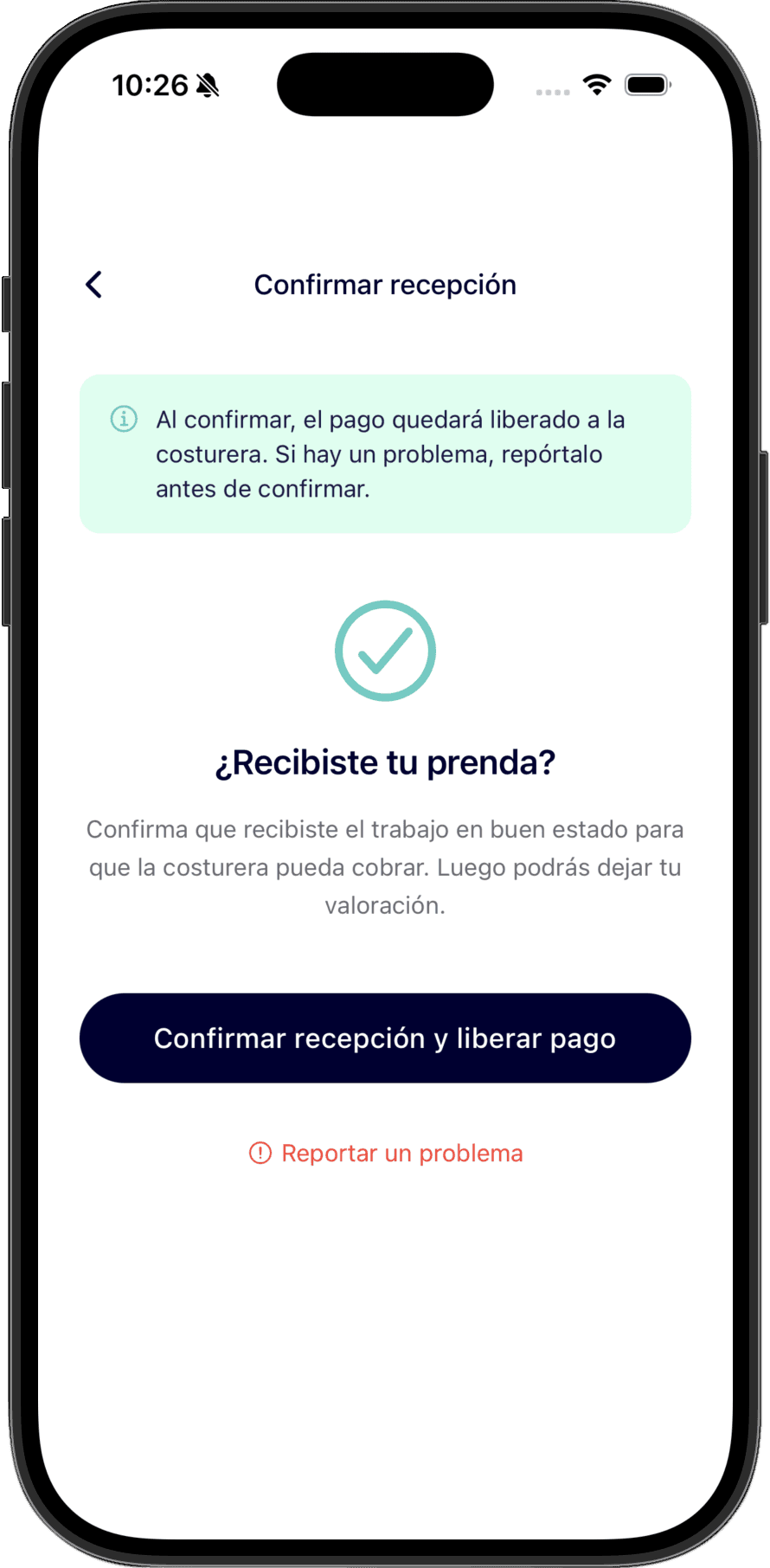 Pantalla de confirmación de pago en la app Reparati