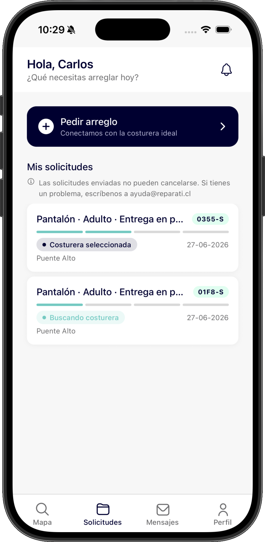 App Reparati — estados de solicitudes
